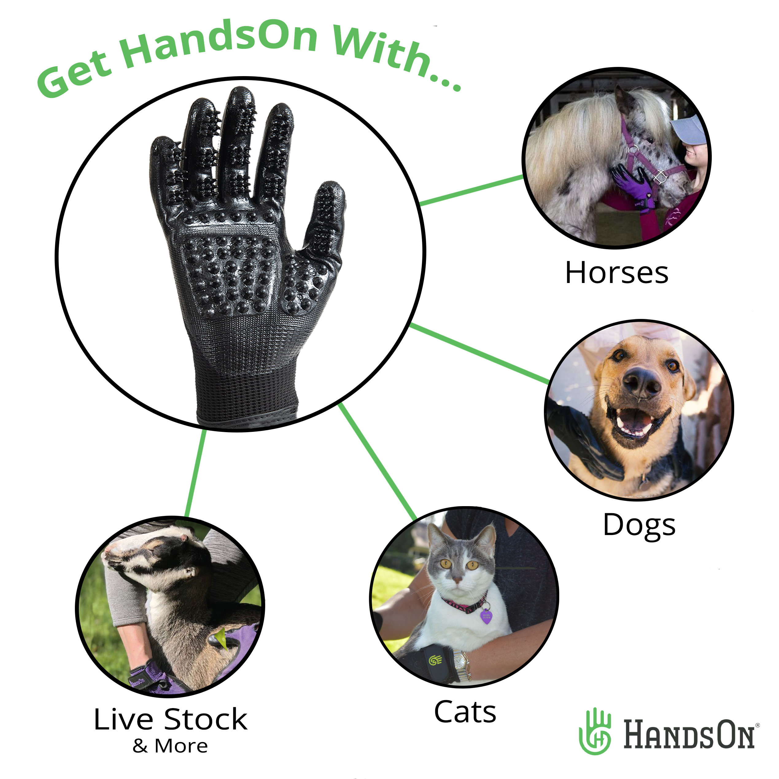 HandsOn Grooming Gloves Dogs Cats Horses Wet Dry Curry Massage Hands Medium 